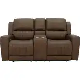 Pierce Zero Gravity Triple Power Reclining Console Loveseat in Oasis Walnut Brown Top-Grain Leather